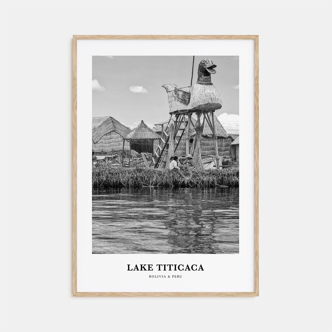 Lake Titicaca Reed Island Bird Hut Black And White Travel Poster