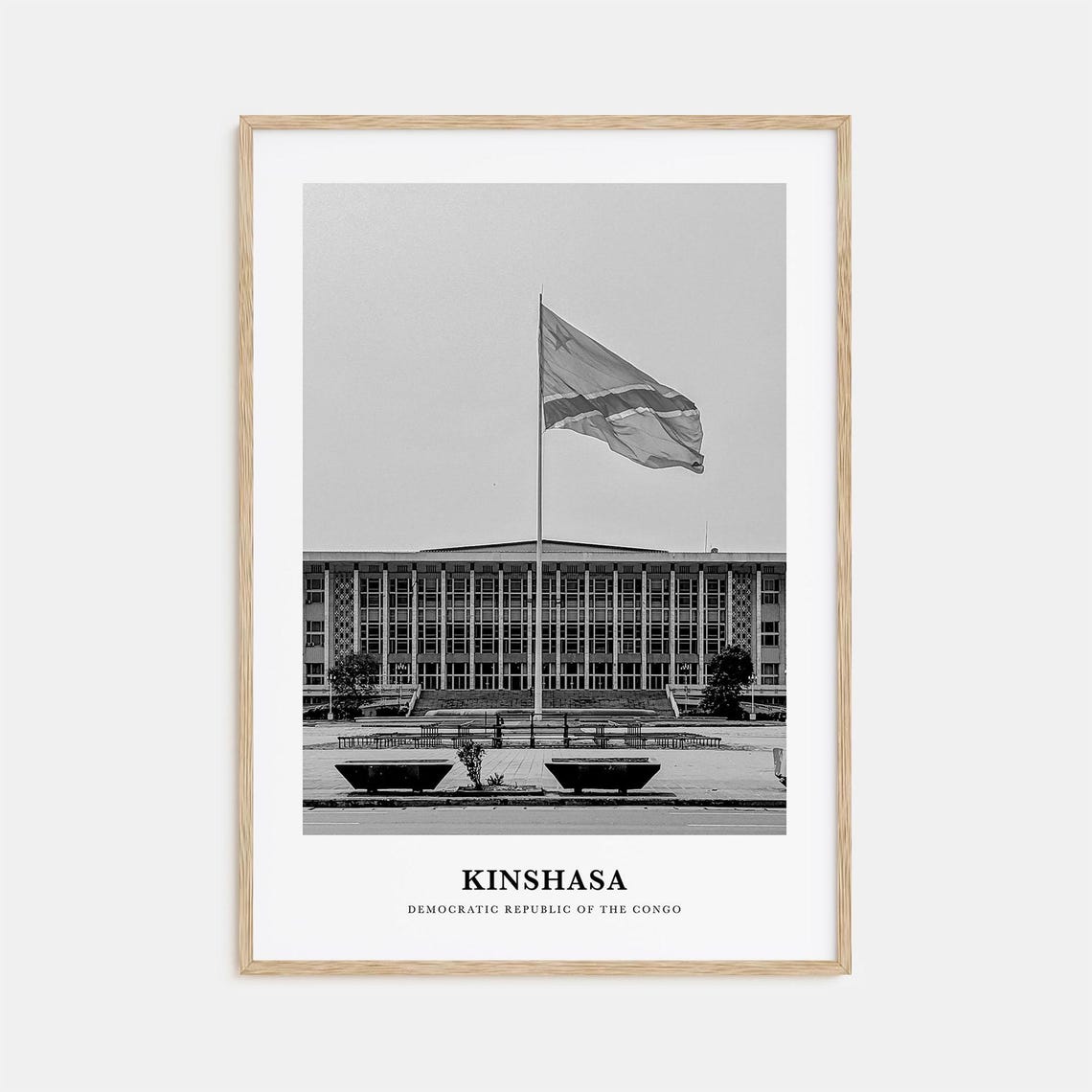 Kinshasa Congo Flag Grand Government Building Black White Poster