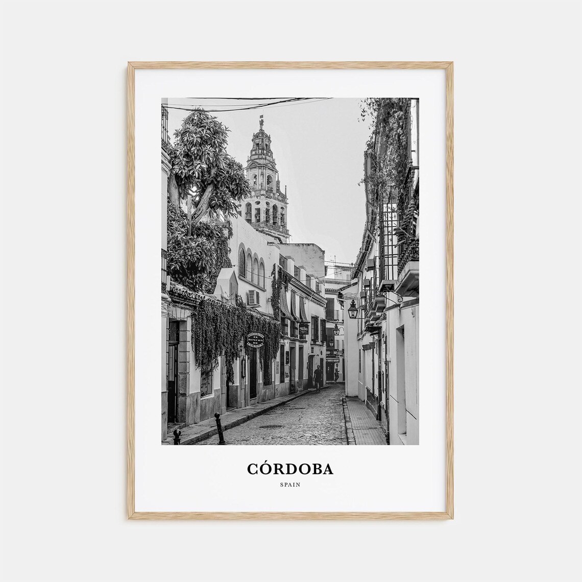 Cordoba Spain Old Street Bell Tower Black and White Travel Poster
