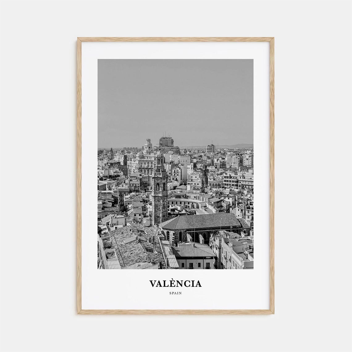 Valencia Spain Old Town Bell Tower Rooftops Monochrome Art Poster