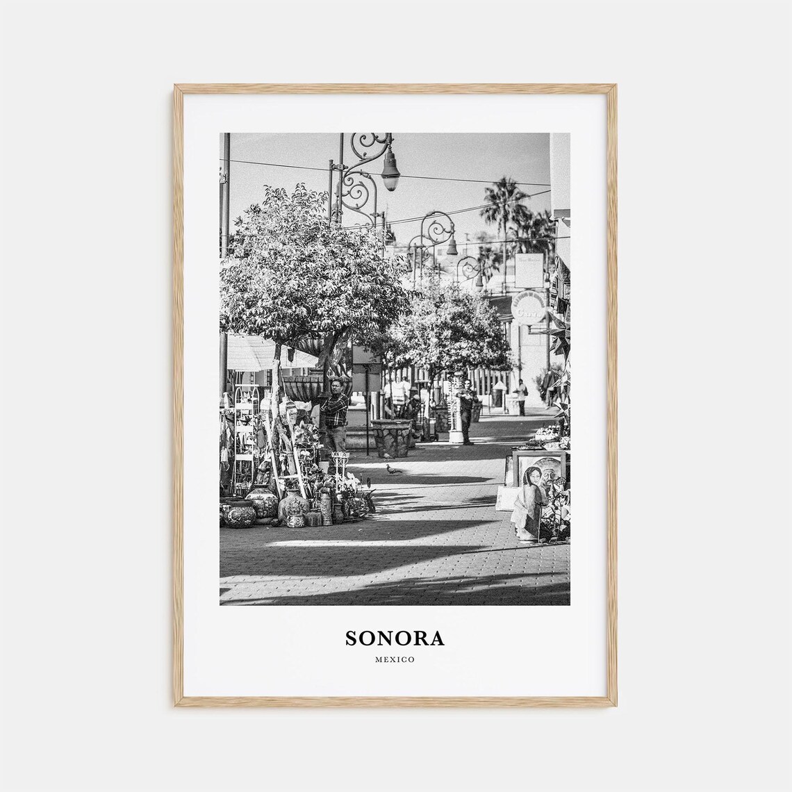 Sonora Mexico Colonial Street Market Scene Black White Poster