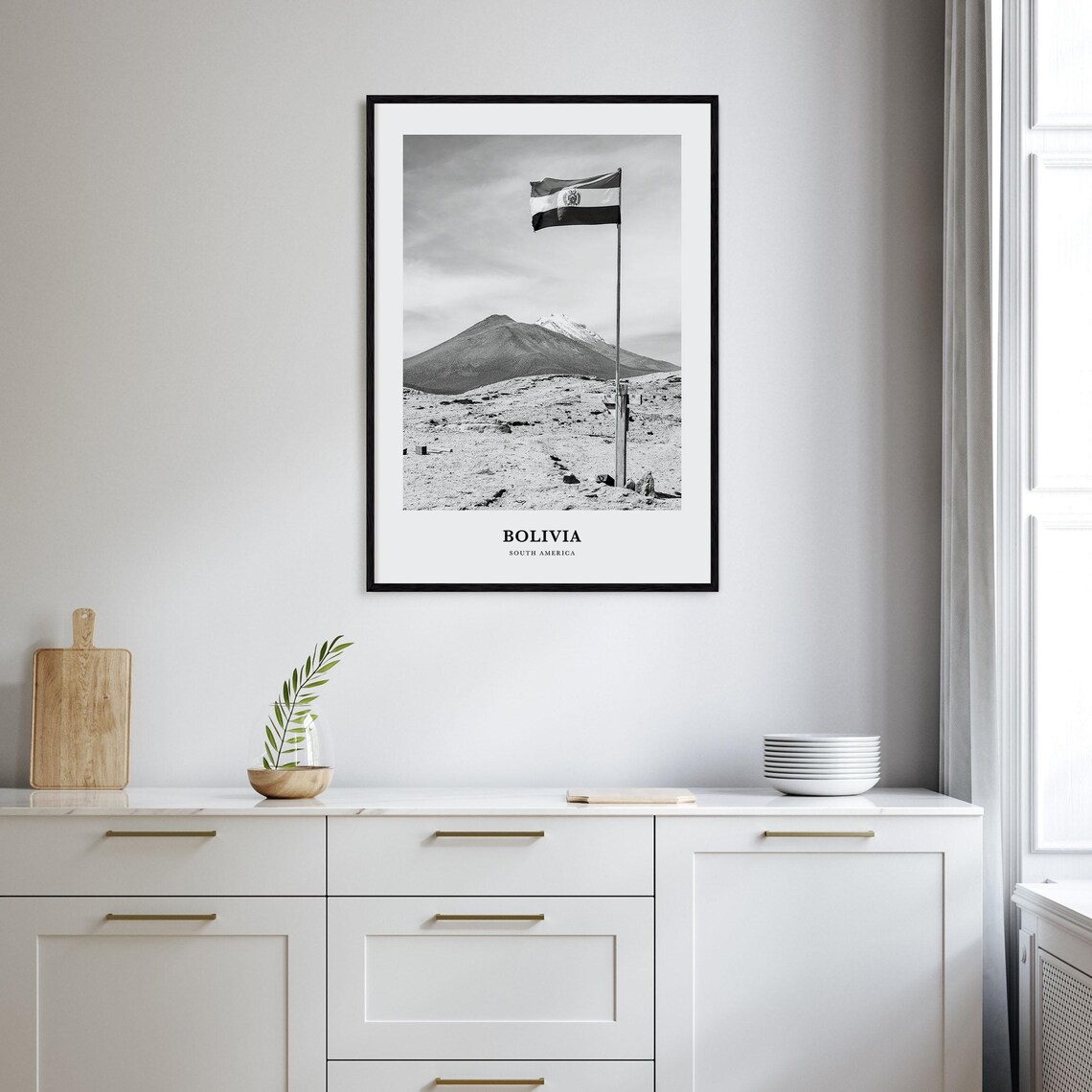 Bolivia Flag Andean Snow Capped Volcano South America Black and White Poster - Image 2