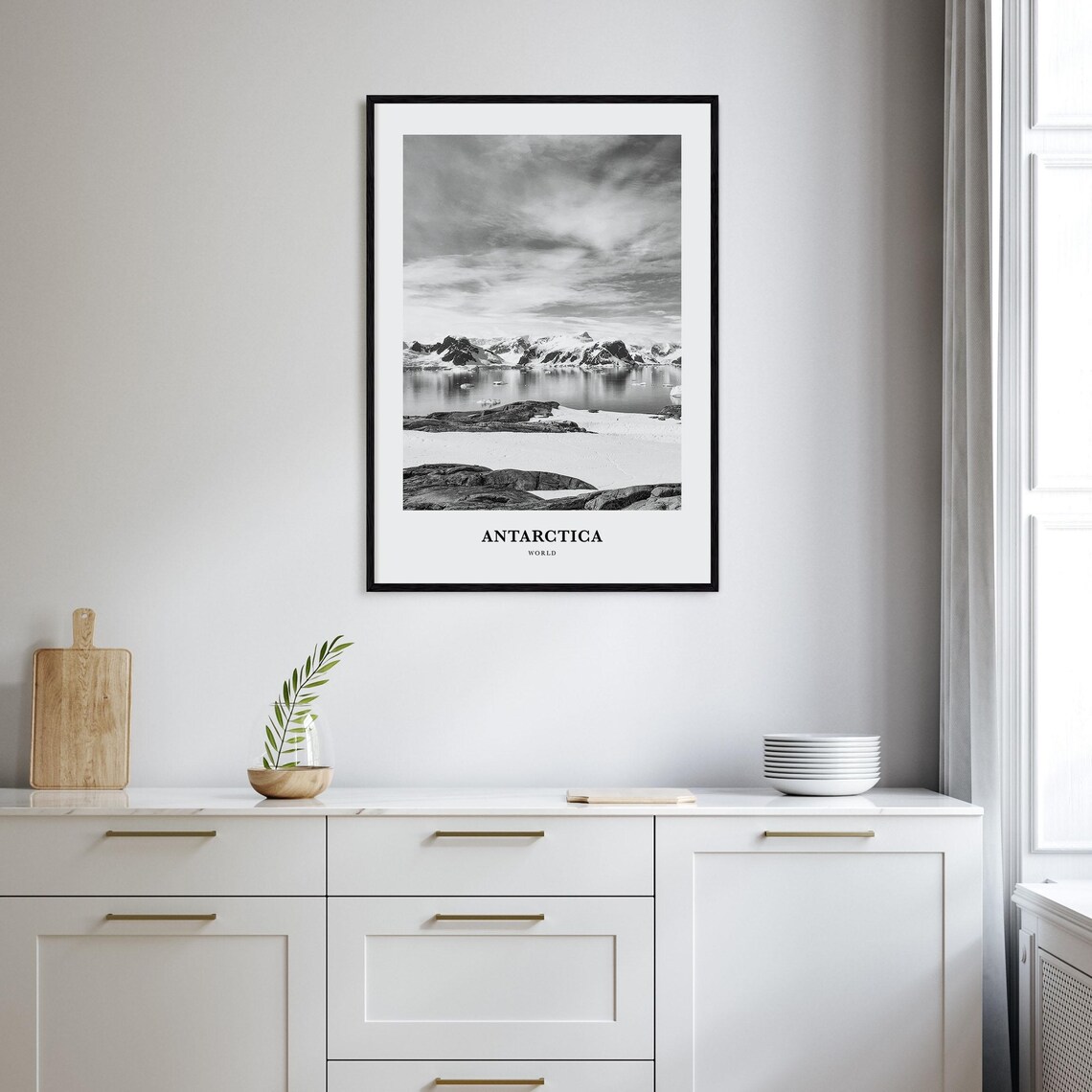 Antarctica Snowy Mountain Peaks Icy Waters Black White Travel Poster - Image 2