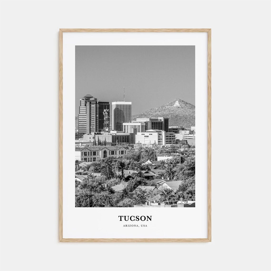 Tucson Arizona Downtown Skyline Desert Mountain Black and White Poster