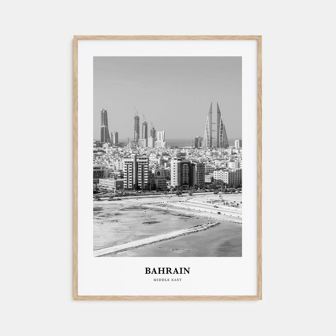 Bahrain Middle East Manama Waterfront Skyline Black and White Poster