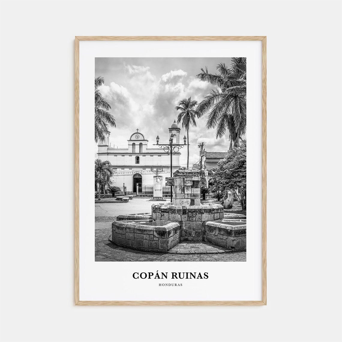 Copan Ruinas Honduras Stone Fountain Plaza Black White Poster
