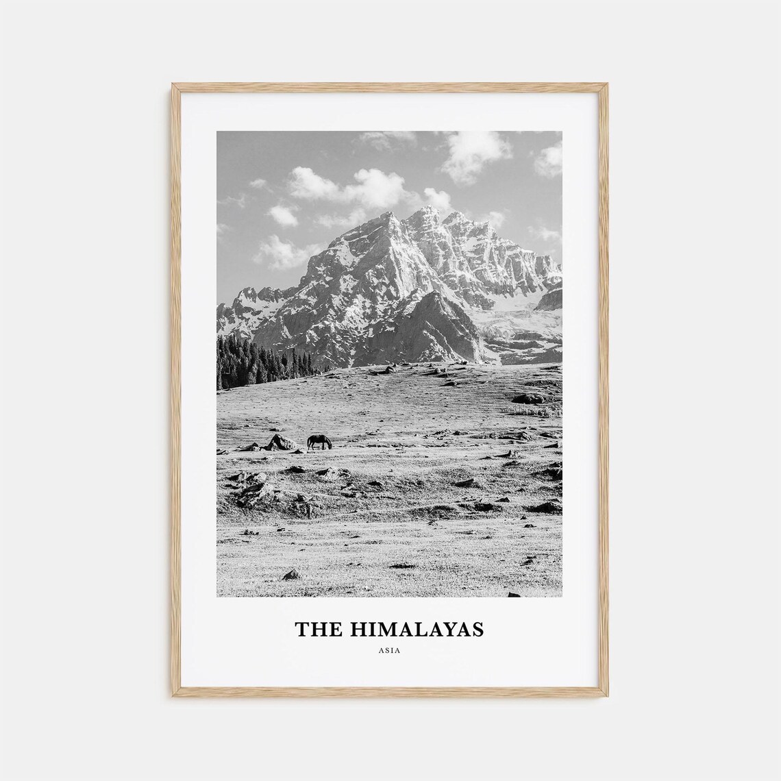Himalayas Snow-Capped Peak with Grazing Horse Black and White Poster