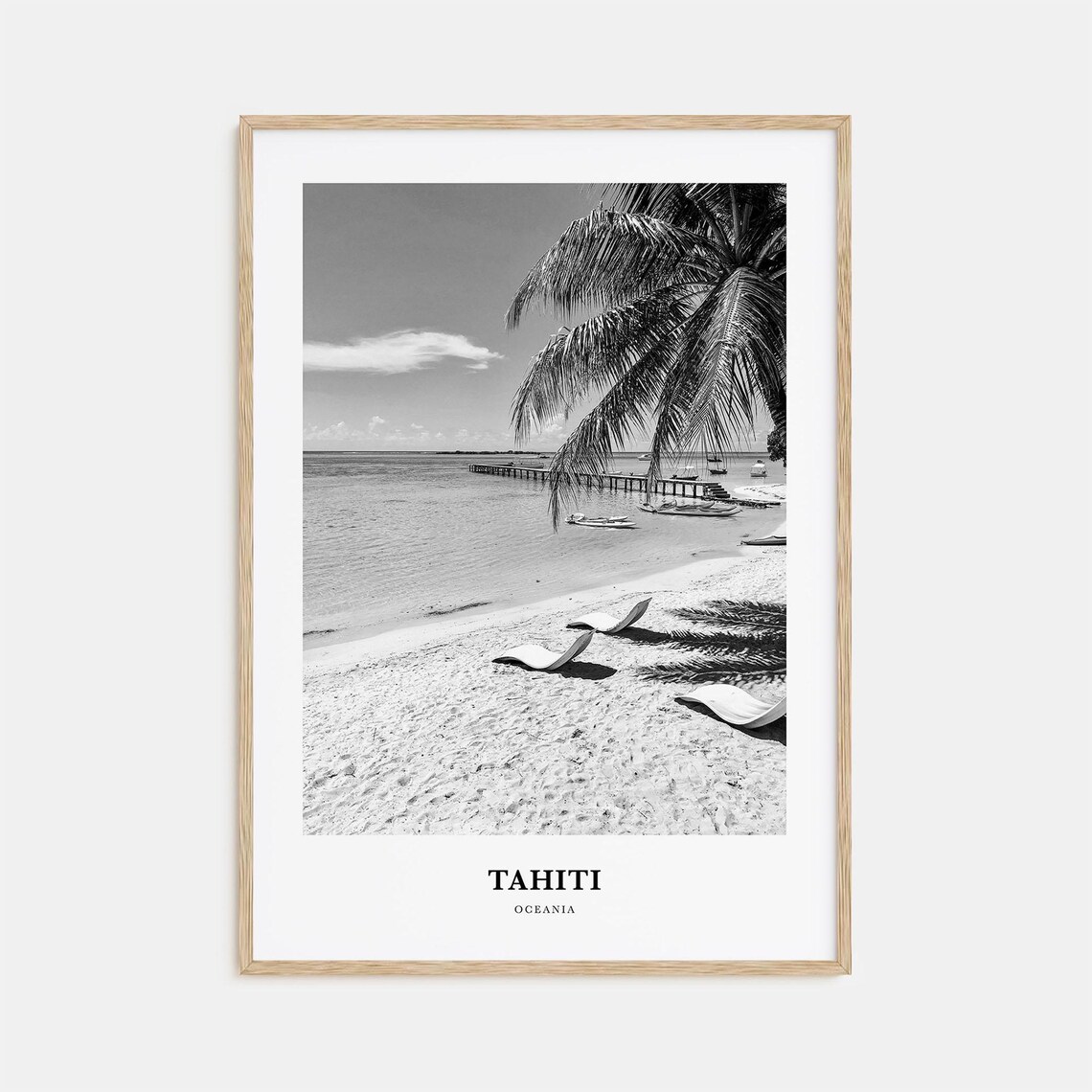 Tahiti Oceania Lagoon Beach Palm Pier Black And White Photo Poster