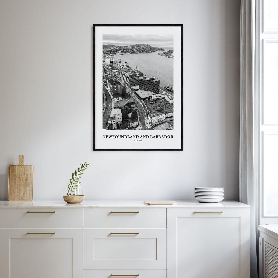 Newfoundland Labrador Canada Black and White Harbor Aerial Poster - Image 2