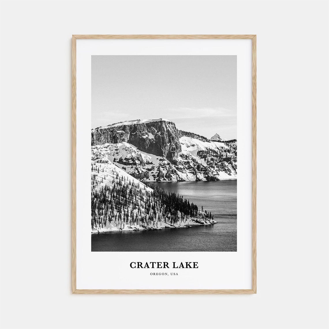 Crater Lake Oregon Snow Cliffs Caldera Black and White Travel Poster