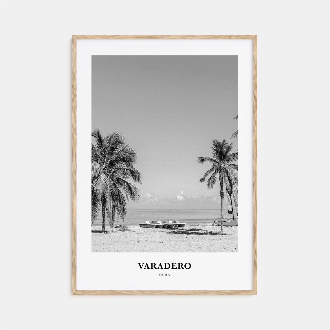 Varadero Cuba Tropical Palm Beach Shore Boats Monochrome Art Poster
