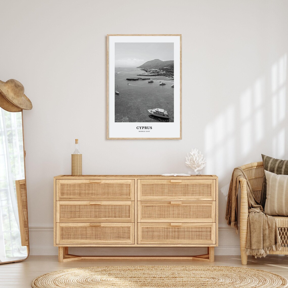 Cyprus Middle East Black and White Bay Boats Aerial Travel Poster - Image 3