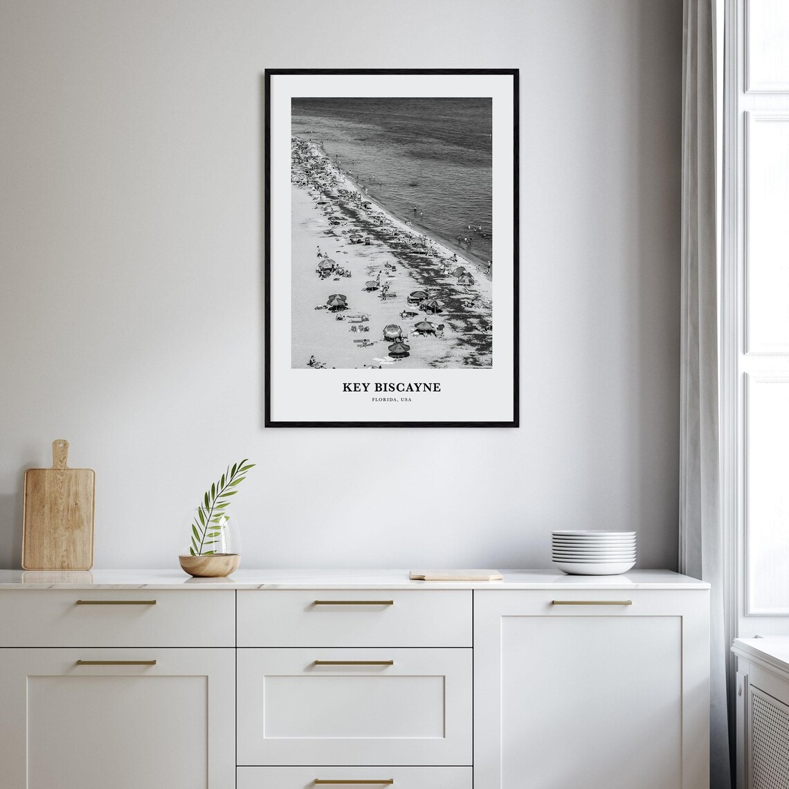Key Biscayne Florida Black and White Sunny Beach Aerial Poster - Image 2