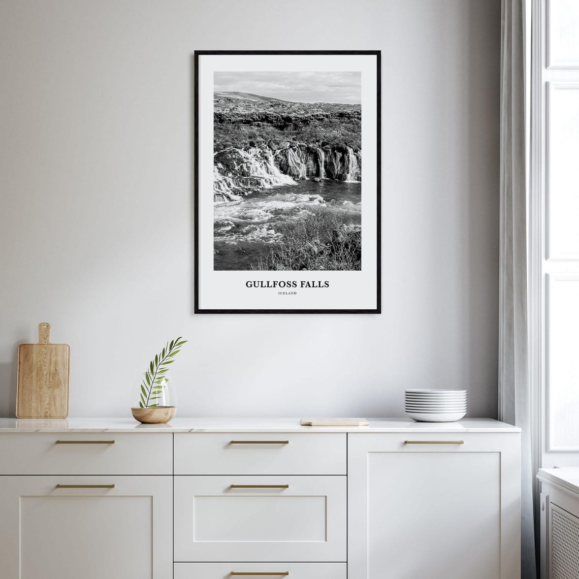 Gullfoss Falls Iceland Cascading Waterfall Black and White Poster - Image 2