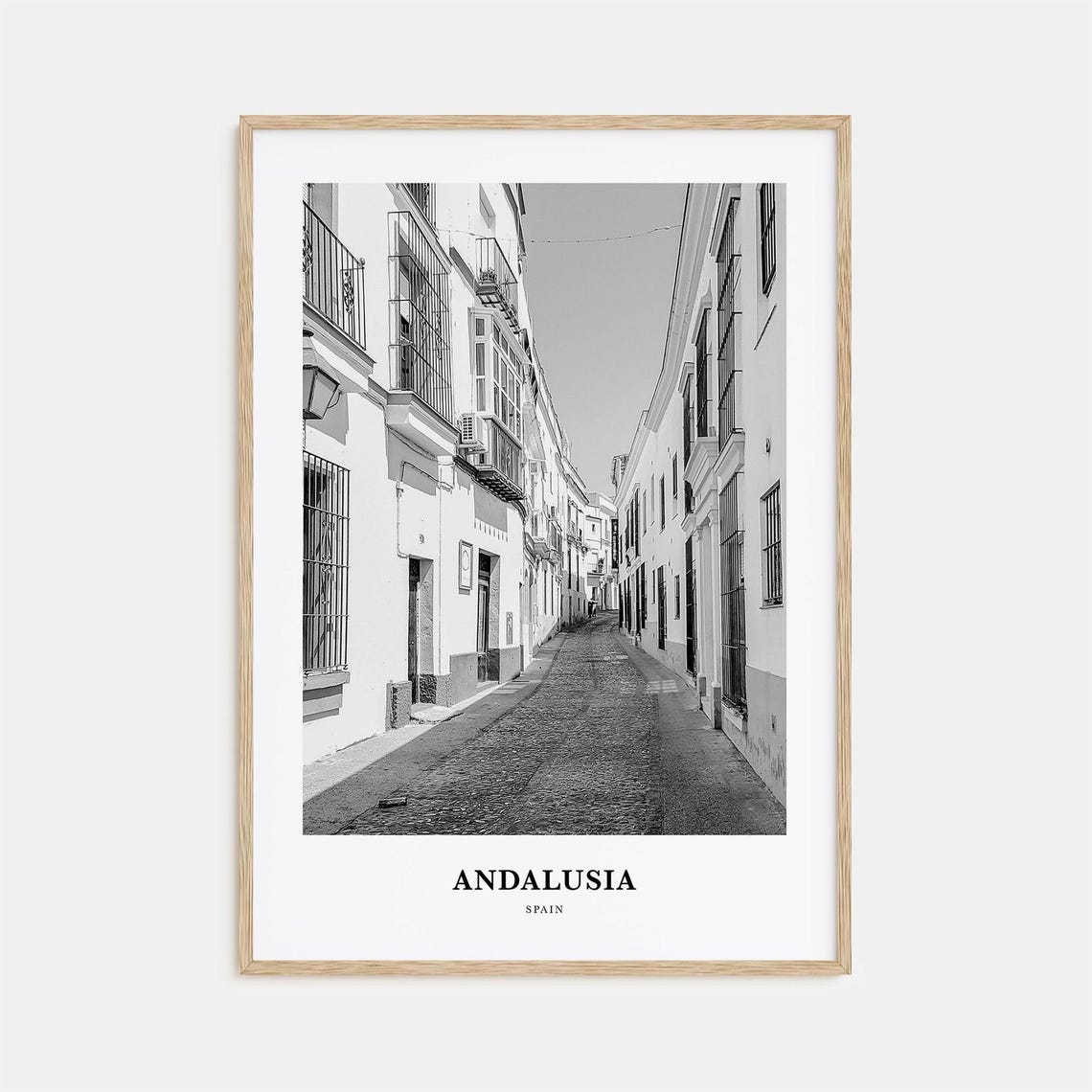 Andalusia Whitewashed Old Town Street Black and White Travel Poster