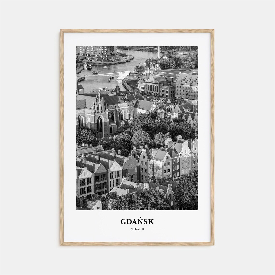 Gdansk Old Town Harbor Aerial View Black and White Travel Poster