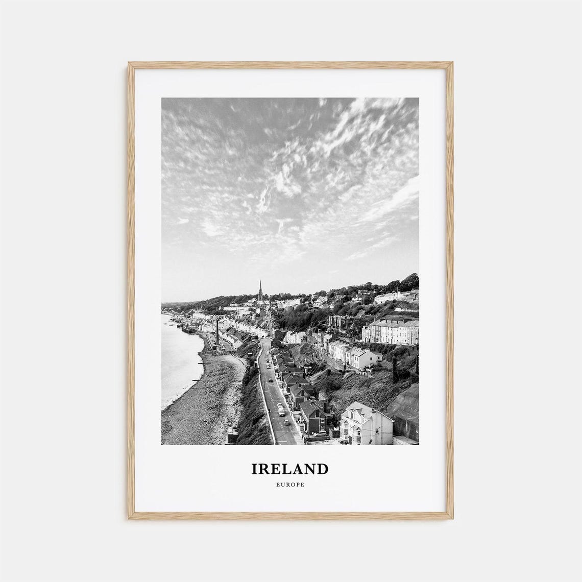 Ireland Coastal Town Aerial Harbor Road Black and White Photo Print
