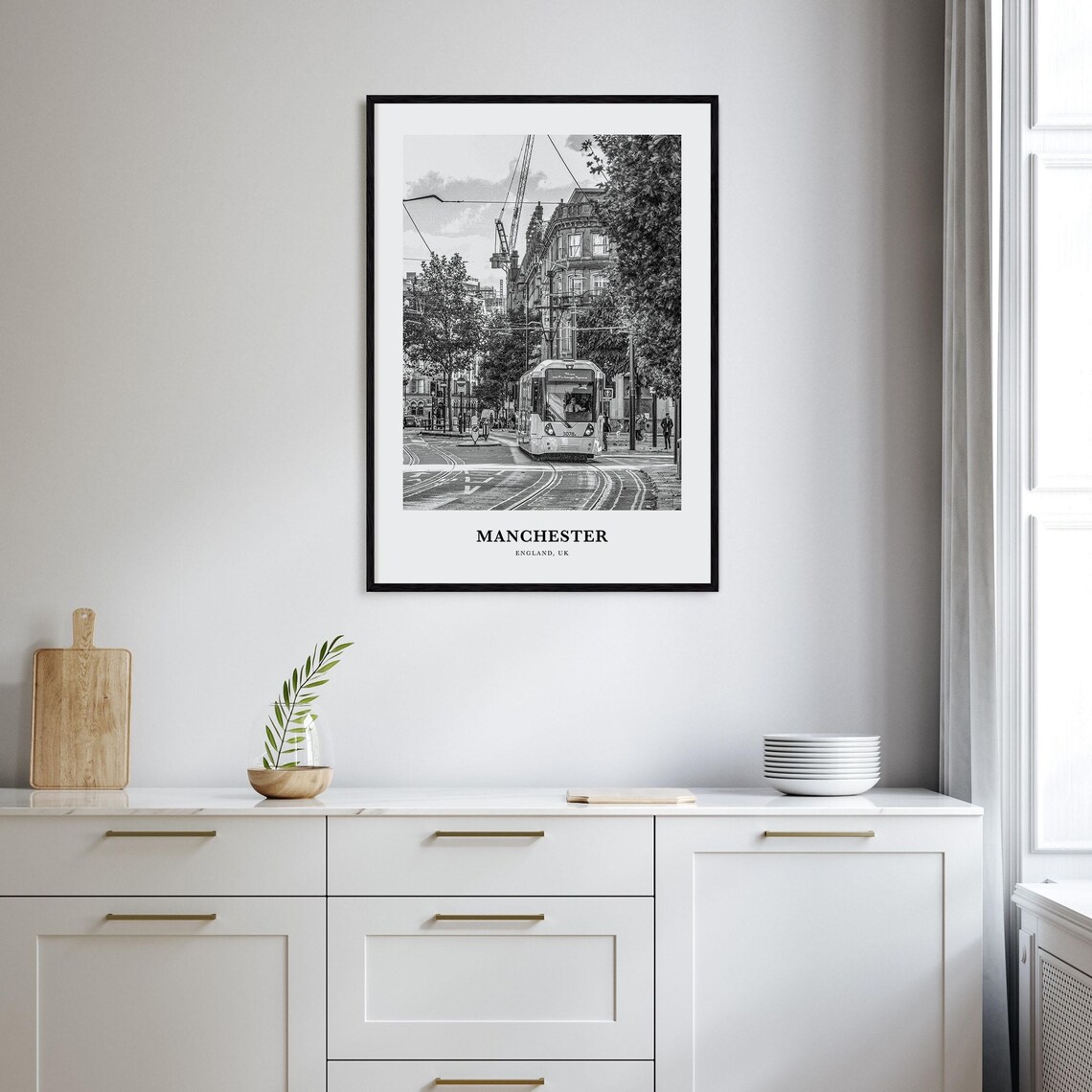 Manchester England Tram Street Historic Buildings Urban Scene Poster - Image 2