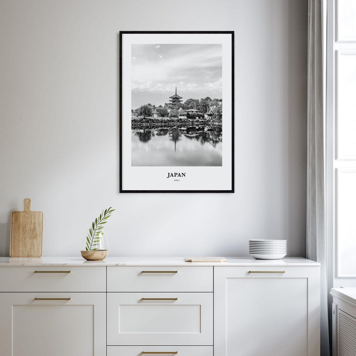 Japan Pagoda Lakeside Reflection Black and White Temple Poster - Image 2