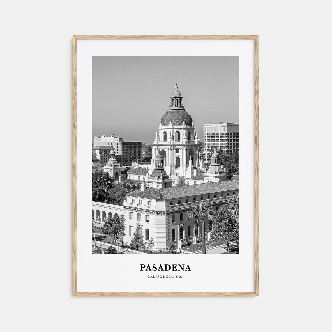 Pasadena California City Hall Dome Historic Black White Travel Poster