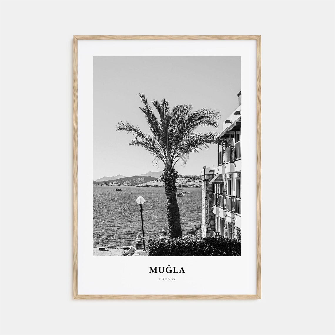 Mugla Turkey Coast Palm Tree Waterfront Black And White Travel Poster