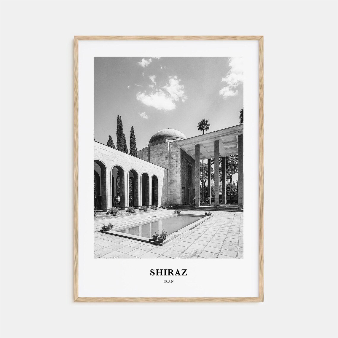 Shiraz Iran Tomb of Saadi Courtyard Black White Travel Poster