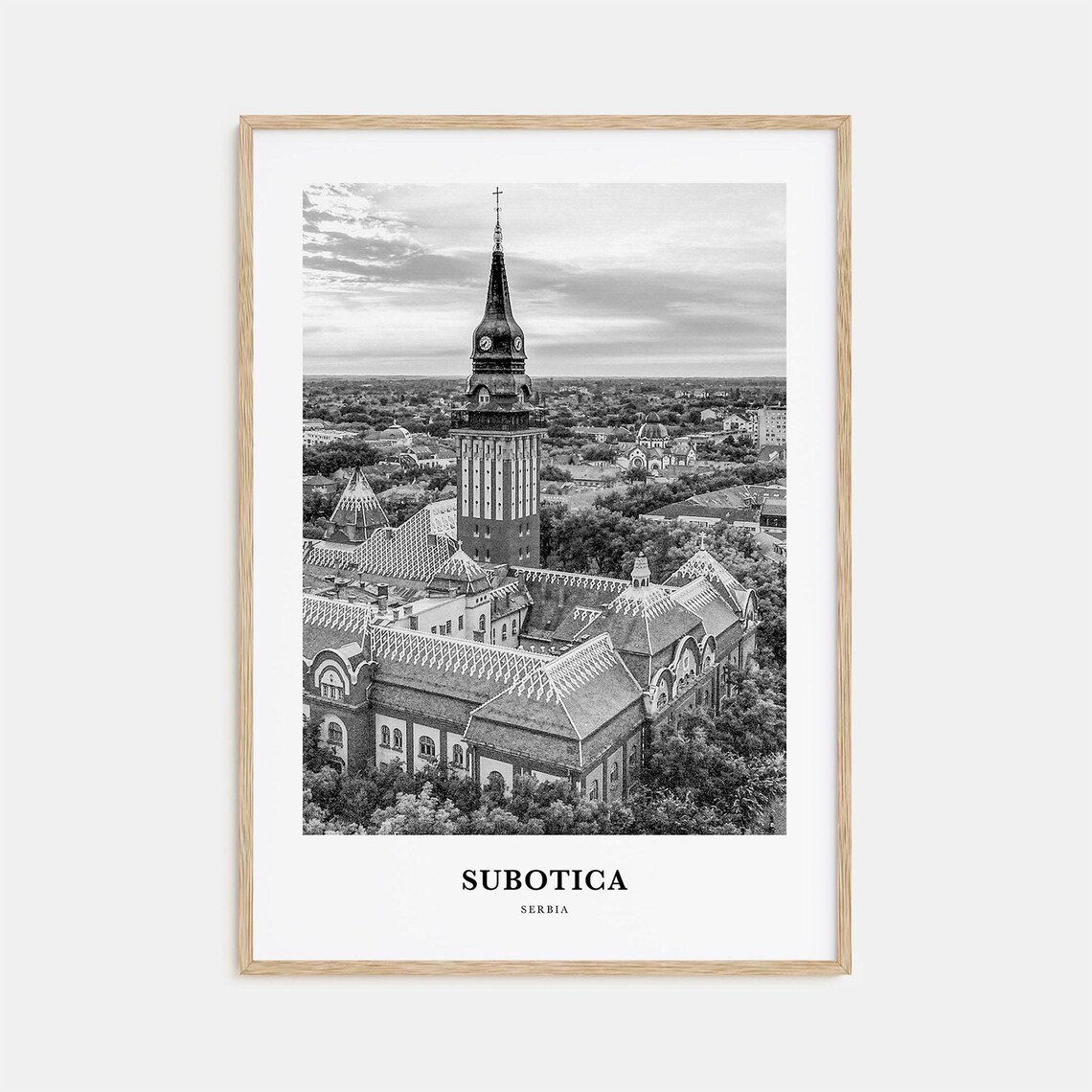 Subotica Serbia City Hall Tower Aerial Black White Photo Poster