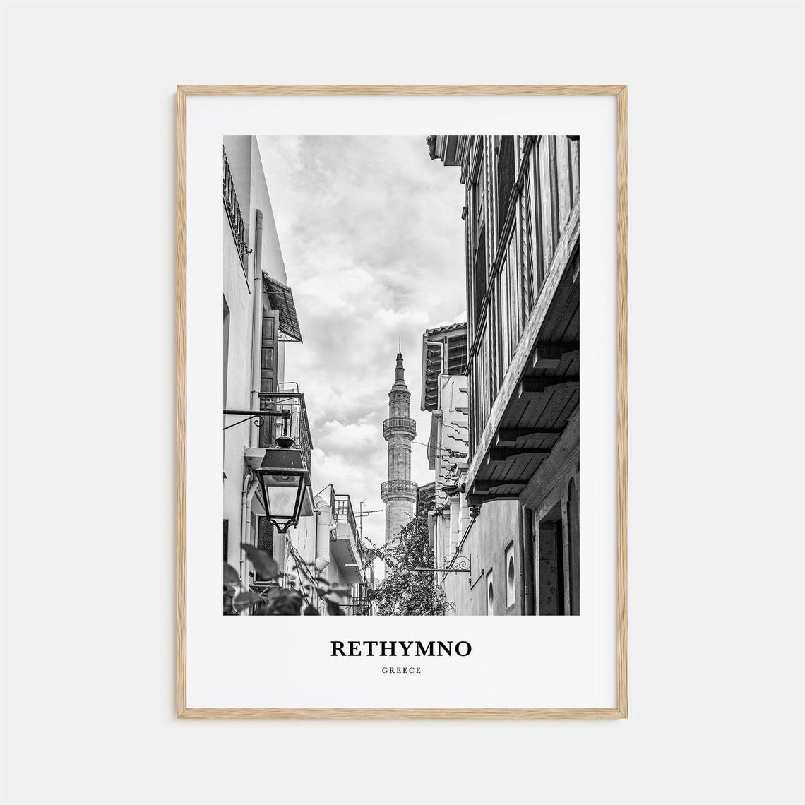 Rethymno Greece Old Town Mosque Street Black White Photo Poster