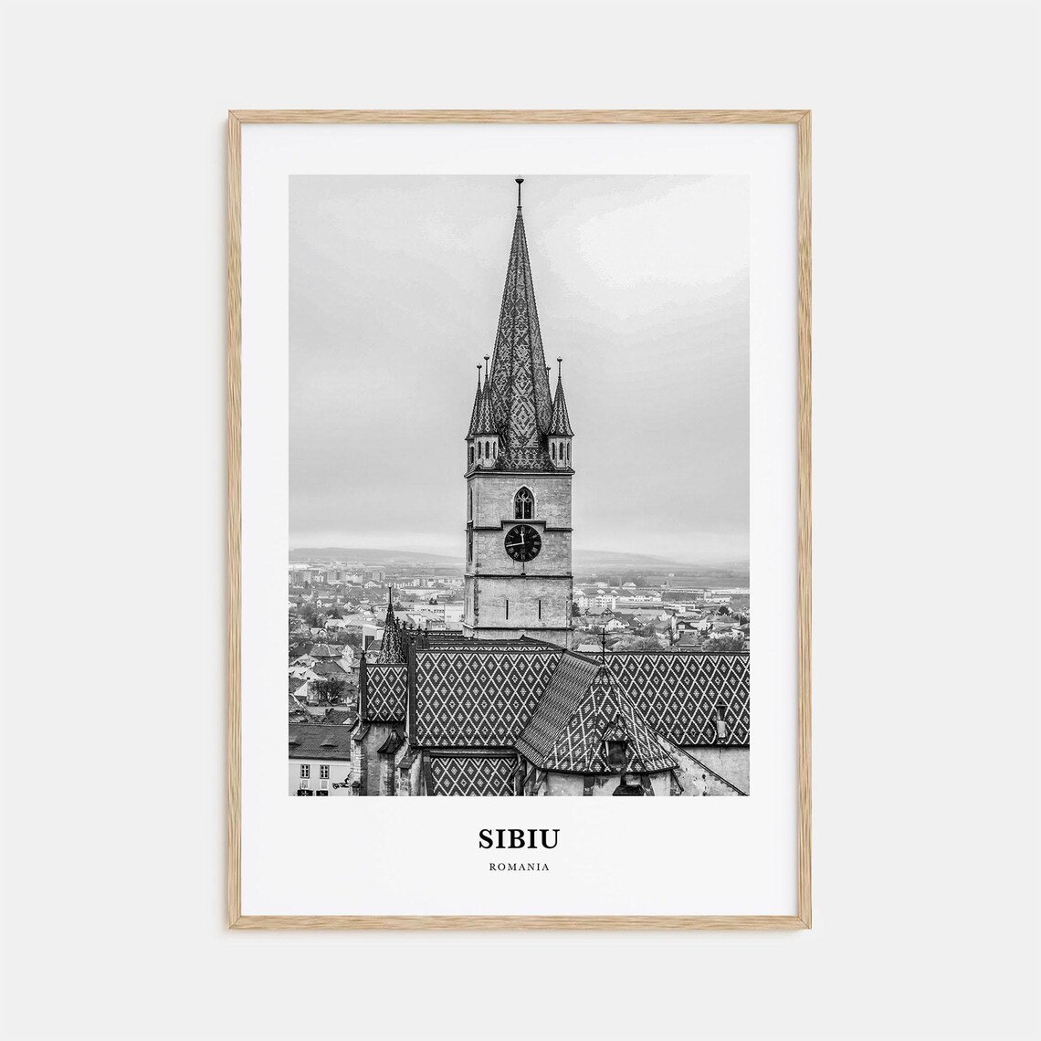 Sibiu Romania Cathedral Tower Old Town Black White Travel Poster