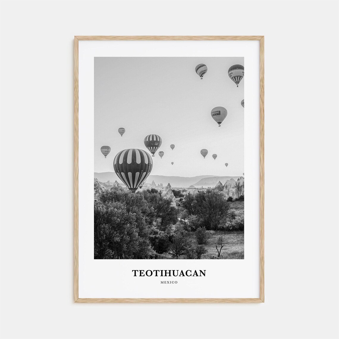 Teotihuacan Hot Air Balloons Over the Valley Black and White Poster