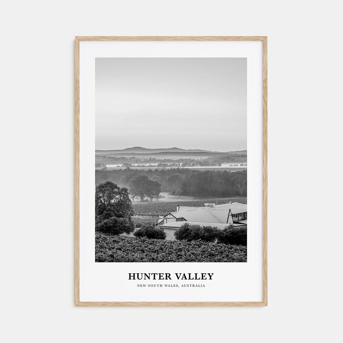 Hunter Valley Vineyards Australia Black and White Travel Poster