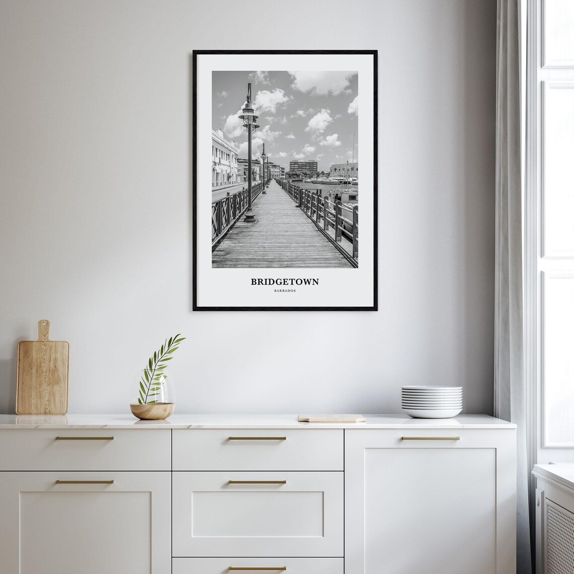 Bridgetown Barbados Boardwalk Harbor Lamps Black and White Poster - Image 2