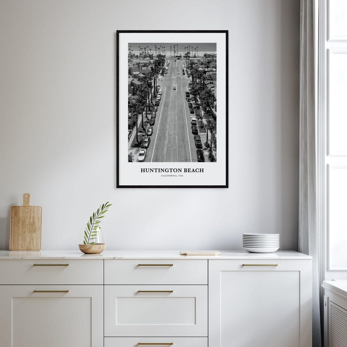 Huntington Beach Palm Lined Street California Black and White Poster - Image 2