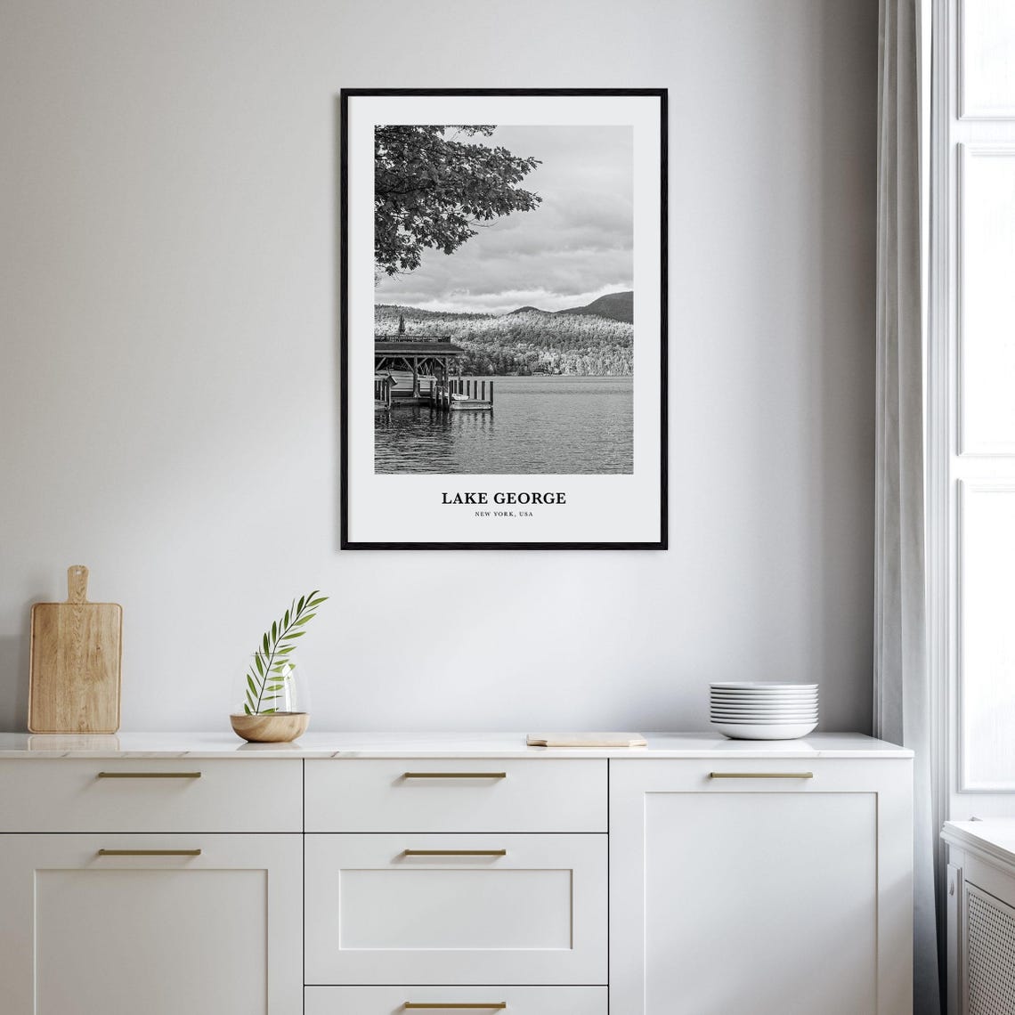 Lake George Boathouse Dock Black And White Adirondacks Poster - Image 2