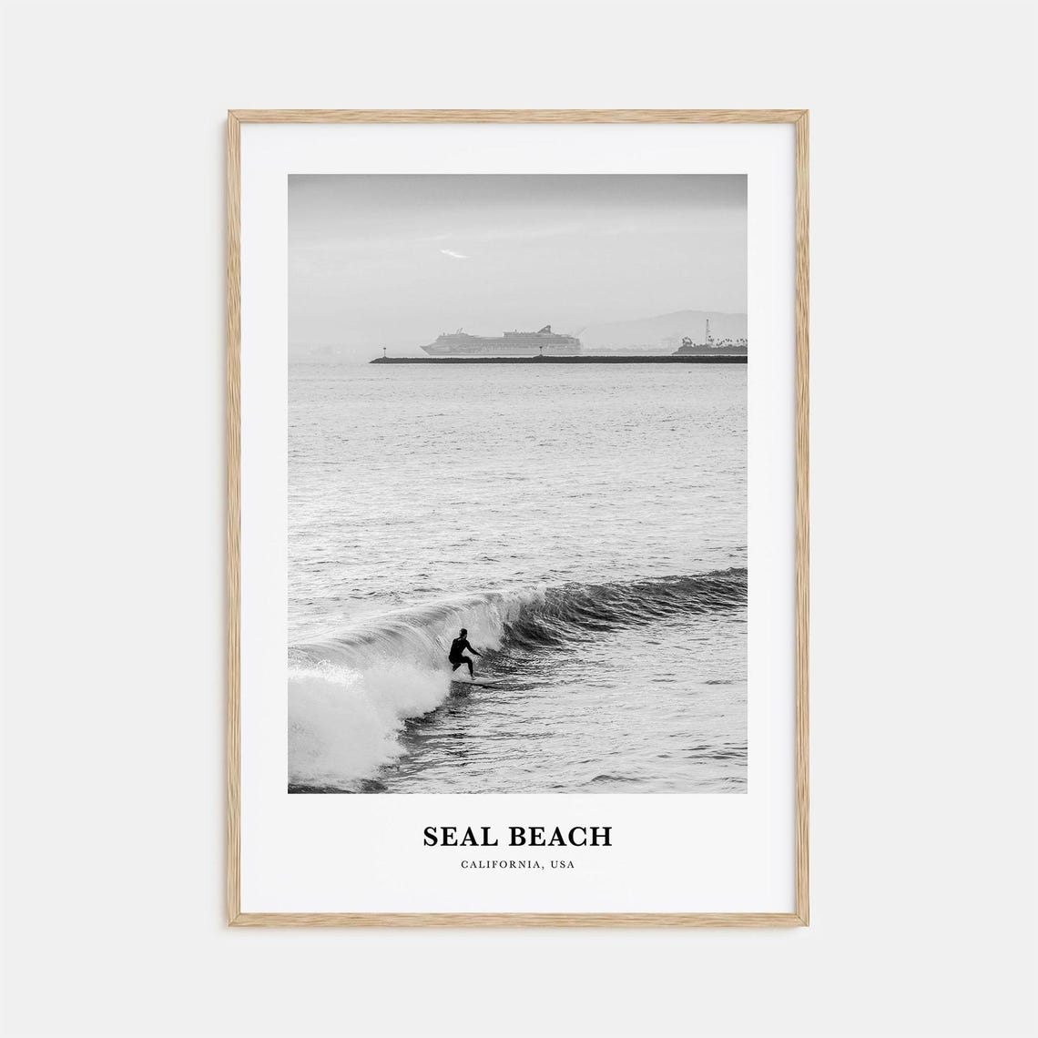 Seal Beach California Surfer Riding Wave Black White Travel Poster