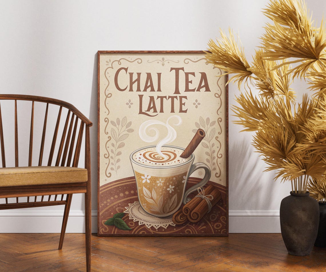 Vintage Chai Tea Latte Poster Spiced Cinnamon Cup Retro Kitchen Art