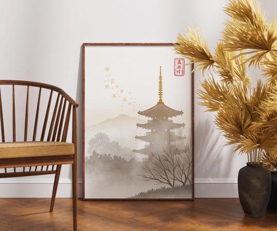 Pagoda And Falling Blossoms Wall Art Japanese Zen Poster Kintsugi Style Landscape Print Wabi Sabi Inspired Calm Decor Misty Temple