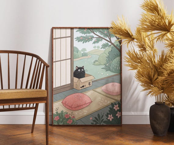 Black Cat In Cardboard Box Art Cute Japanese Interior Wall Print Japandi Home Decor Minimalist Cozy Illustration Kawaii Zen Poster