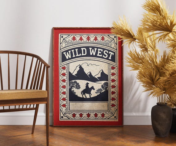 Wild West Cowboy Poster Retro Western Matchbox Art Print Desert Horseback Wall Decor Vintage Frontier Landscape Illustration