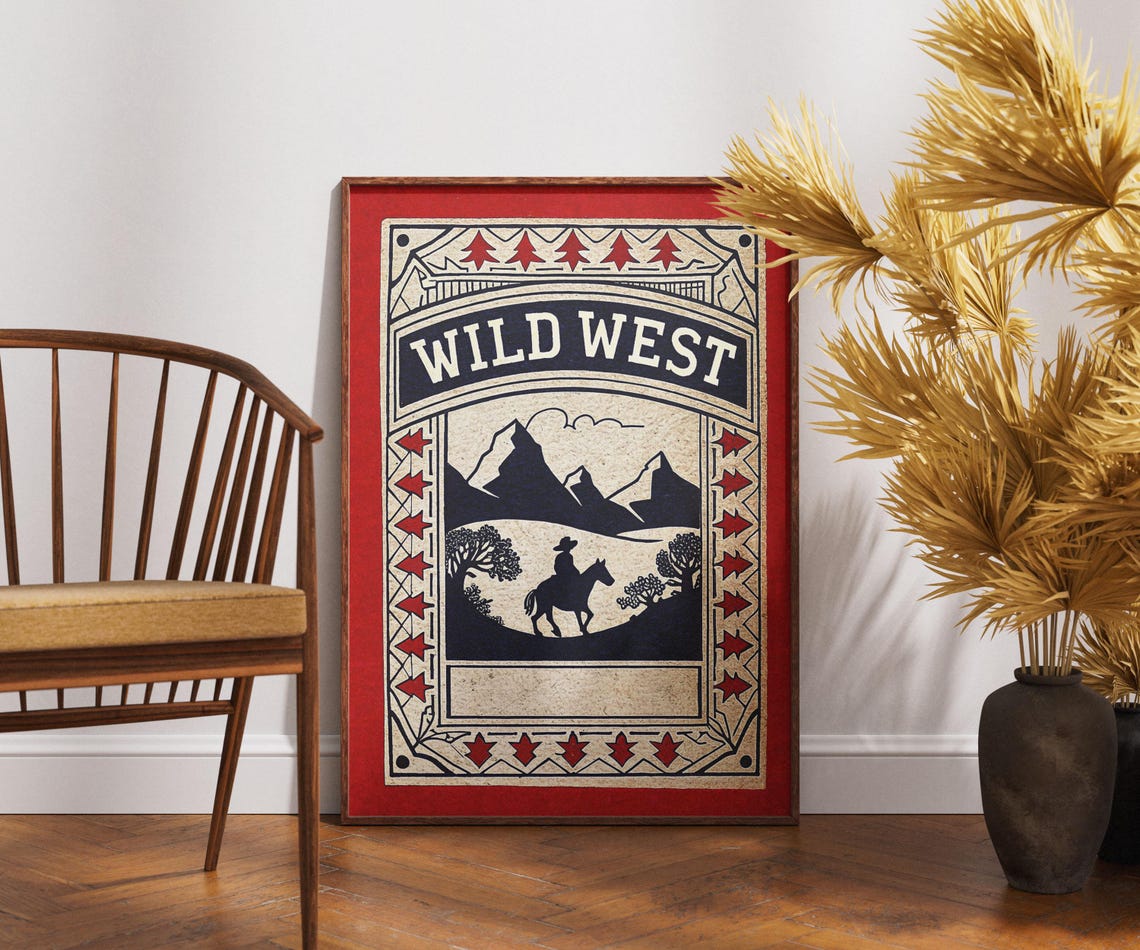 Wild West Cowboy Rider Matchbox Poster Retro Frontier Desert Landscape