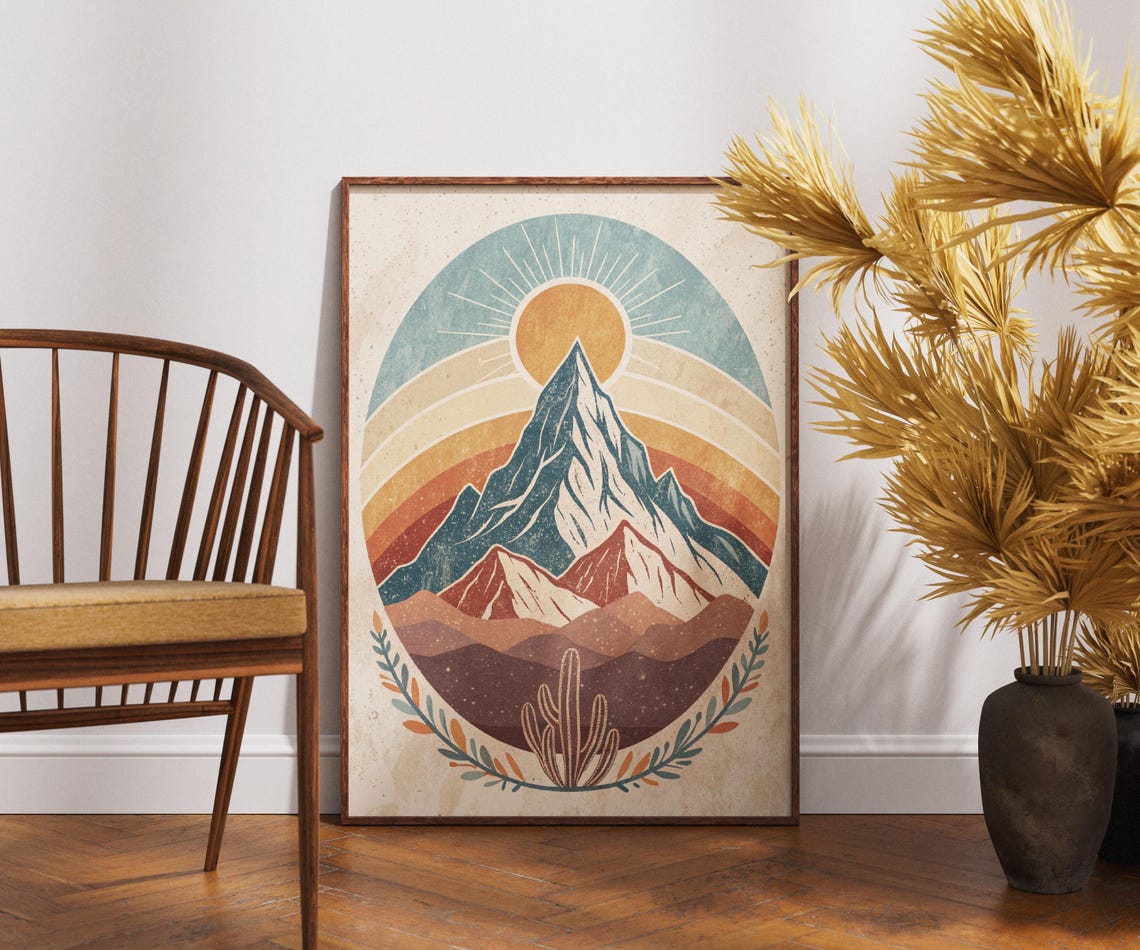 Retro Mountain Desert Sunset Cactus Boho Landscape Art Poster