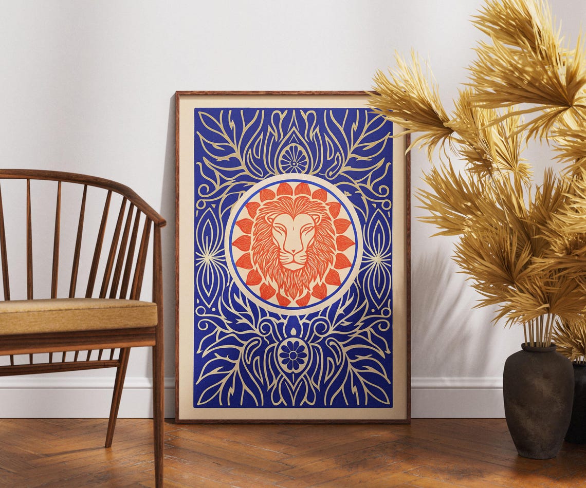 Lion Head Ornamental Blue Red Vintage Linocut Style Art Poster