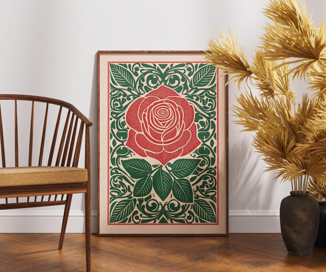 Crimson Rose Ornate Green Foliage Vintage Linocut Floral Art Poster