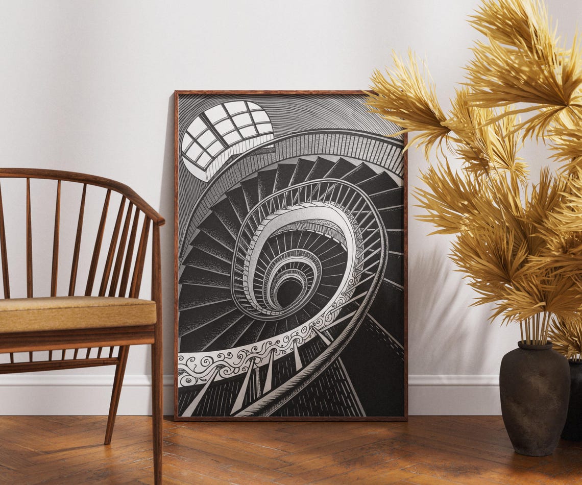 Spiral Staircase From Above Black White Architectural Art Poster