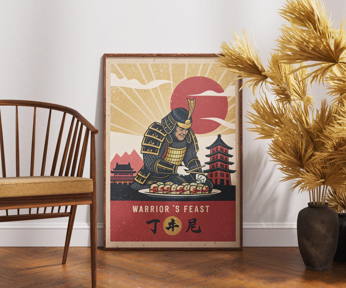 Warriors Feast Samurai Sushi Pagoda Sunset Retro Japanese Art Poster