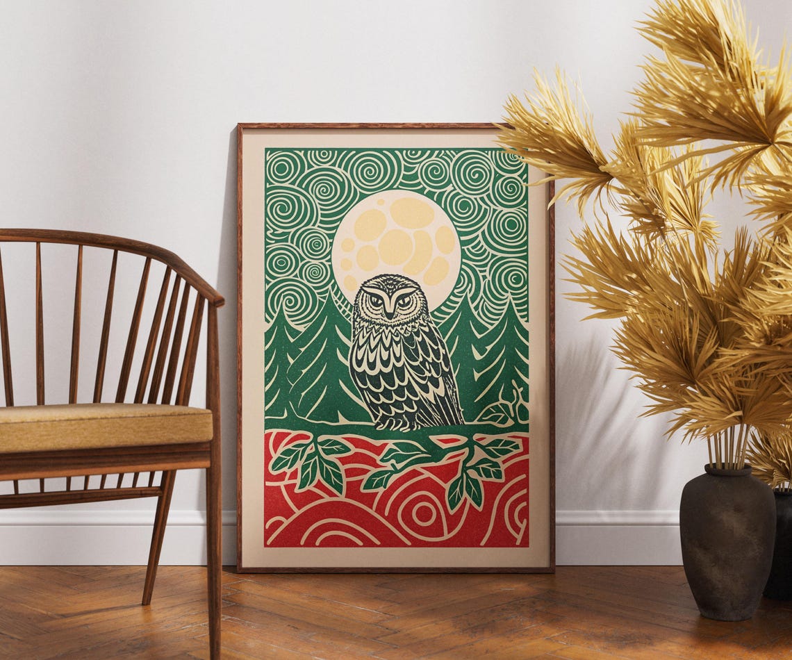 Moonlit Owl Nocturnal Linocut Forest Pine Night Decor Poster