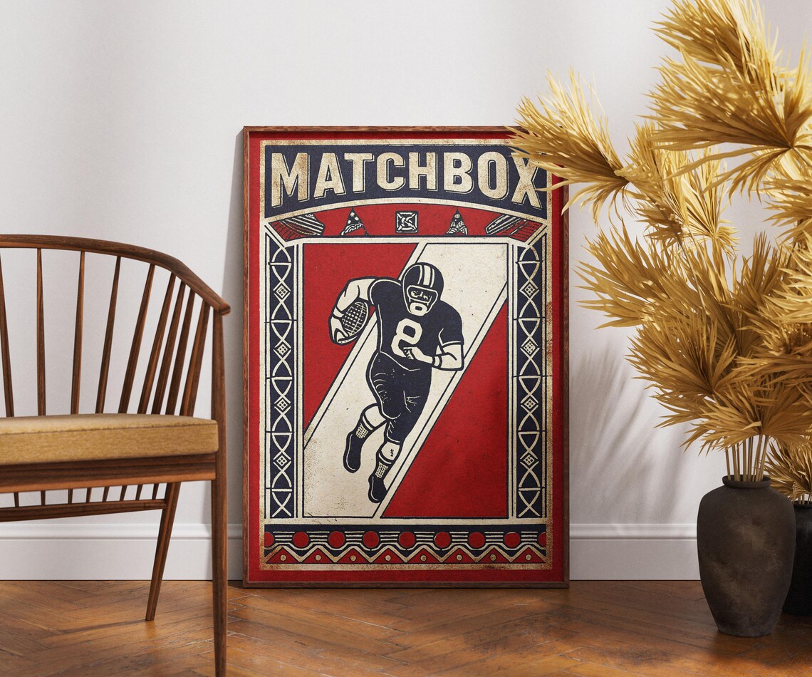 Vintage Matchbox Football Player Retro Red Sports Label Artwork Poster