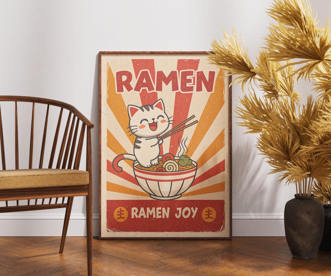Ramen Joy Cat Poster Kawaii Retro Japanese Noodle Bowl Food Art
