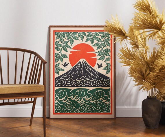 Mount Fuji Sunrise Poster Red Sun Waves Vintage Japanese Linocut Art