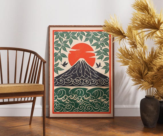 Vintage Fuji Poster Linocut Origami Crane Dawn Art Zen Japanese Wall Decor Retro Nature Illustration Boho Mountain Print Unique Gift
